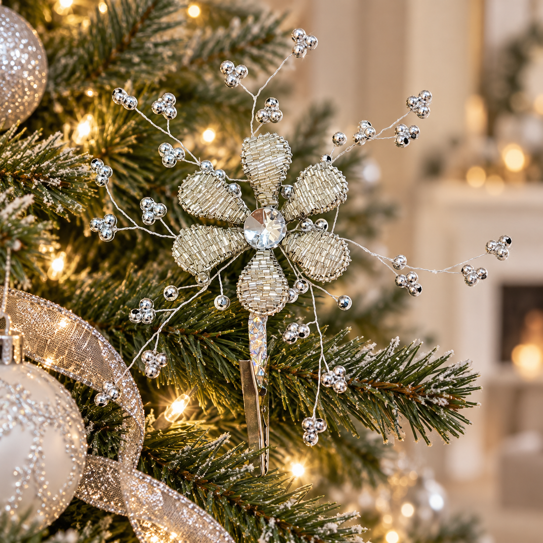 AI-generated styling inspiration: silver flower clip on a Christmas tree; props not included