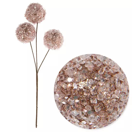 Rose Gold frosted ball Christmas pick, one pick with three attached balls
