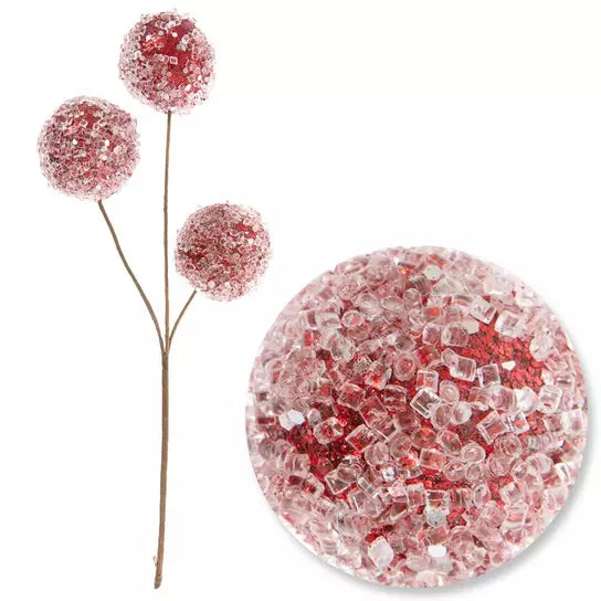 Dark Red frosted ball Christmas pick, one pick with three attached balls