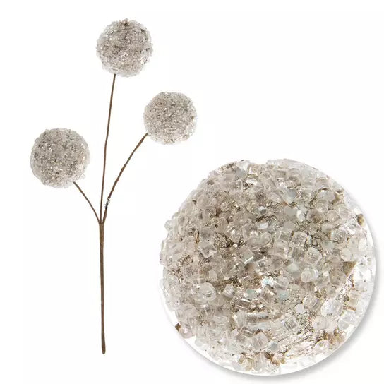 Champagne frosted ball Christmas pick, one pick with three attached balls