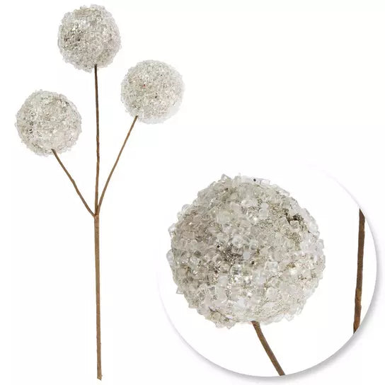 Silver frosted ball Christmas pick, one pick with three attached balls