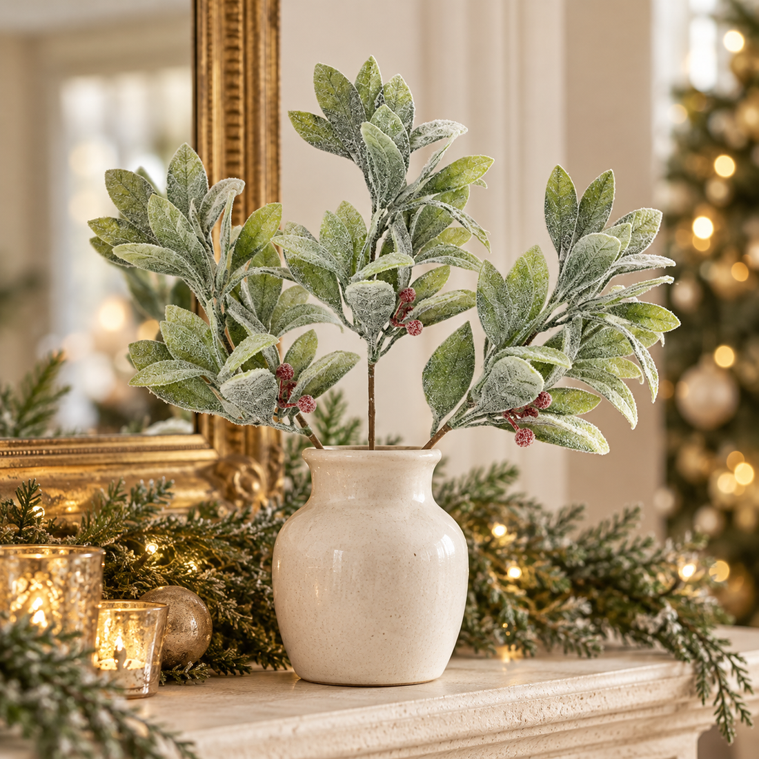 AI-generated styling inspiration: three frosted red berry and green leaf picks in an ivory vase on an elegant Christmas mantel; vase and props not included