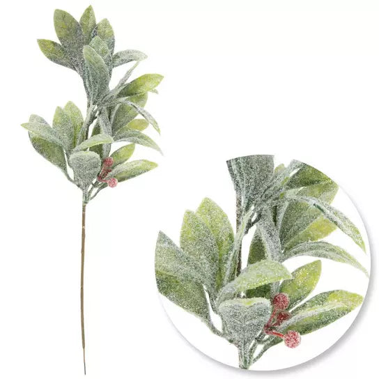 Single 13-inch frosted red berry and green leaf pick; listing includes three picks