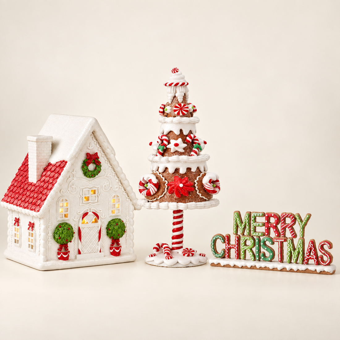Gingerbread Christmas Bundle with LED house, candy cookie tree and Merry Christmas decoration