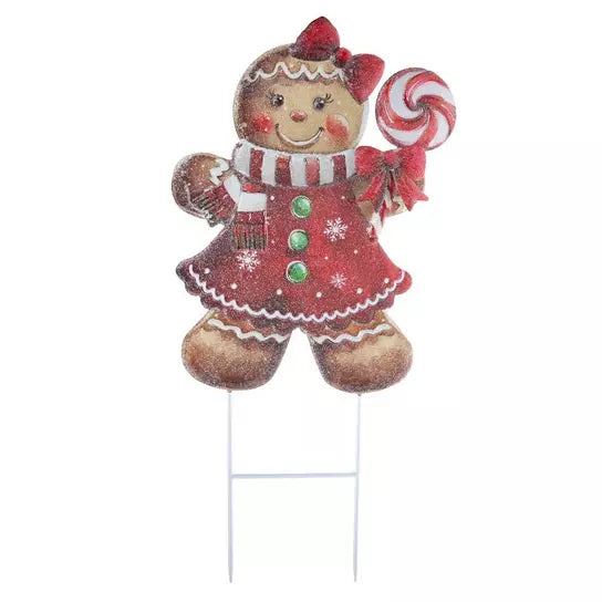 Gingerbread holding Lollipop metal Christmas garden stake, one stake