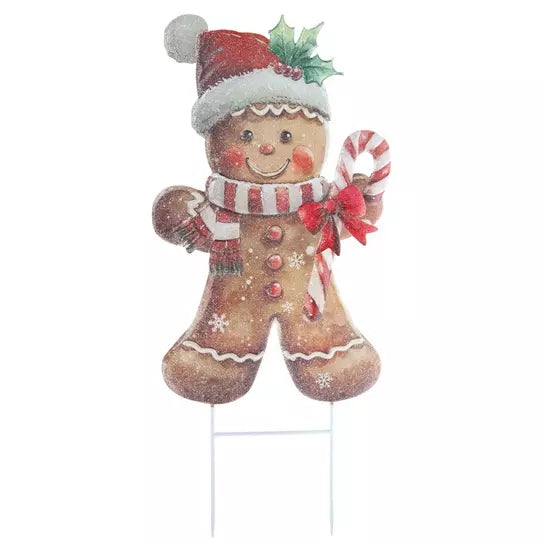 Gingerbread holding Candy Cane metal Christmas garden stake, one stake