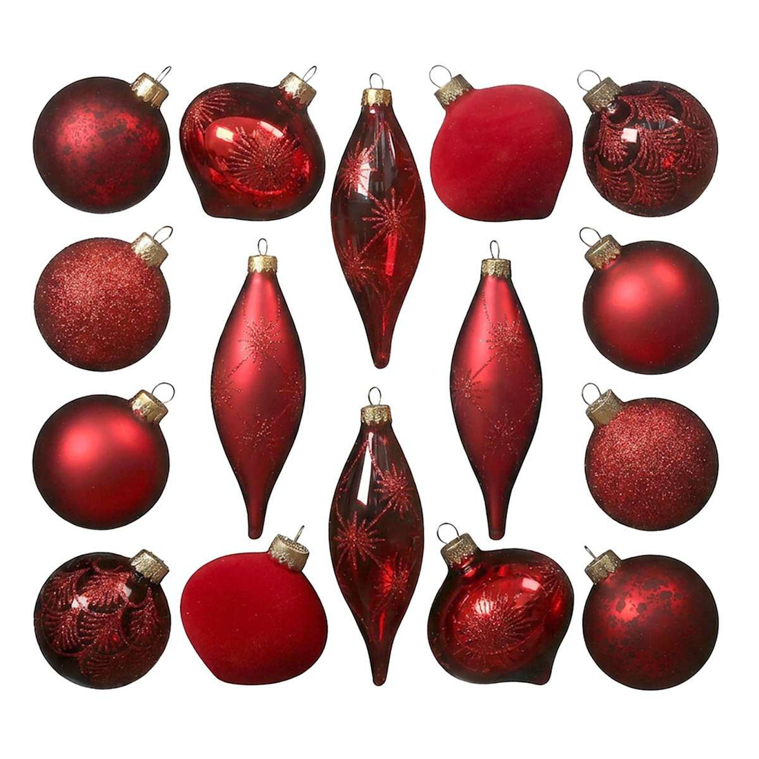 Set of 16 Red glass Christmas ornaments in supplier packaging