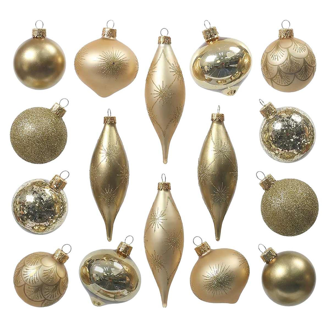 Set of 16 Gold glass Christmas ornaments in supplier packaging