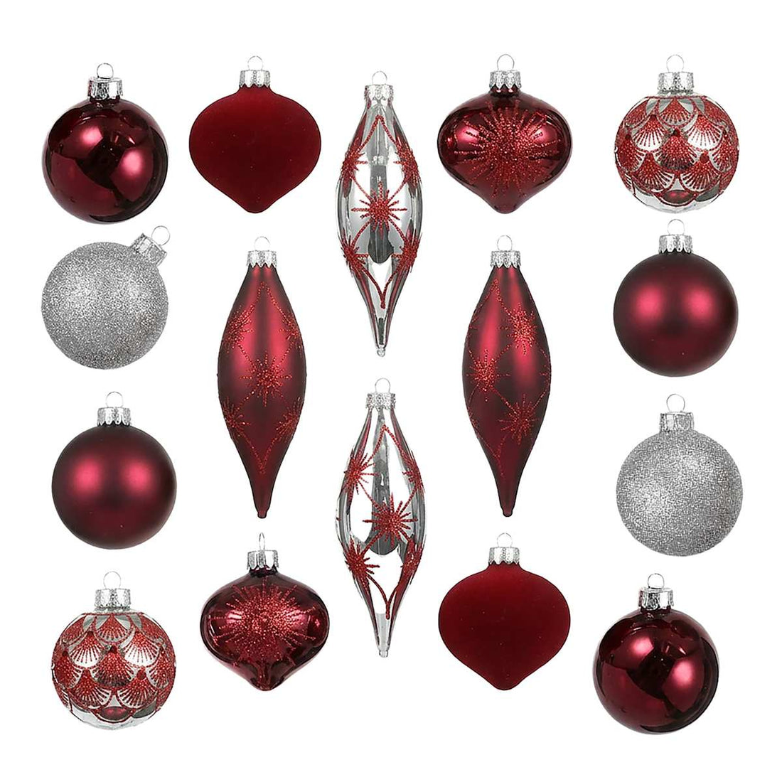 Set of 16 Burgundy glass Christmas ornaments in supplier packaging