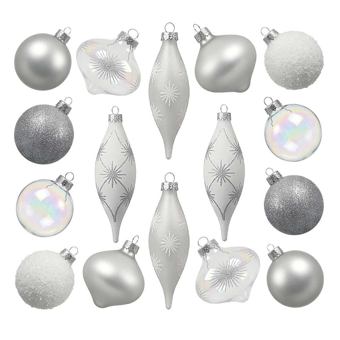 Set of 16 White & Silver glass Christmas ornaments in supplier packaging