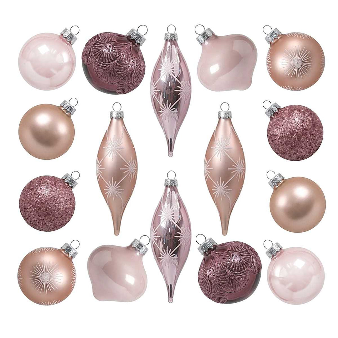 Set of 16 Pink glass Christmas ornaments in supplier packaging