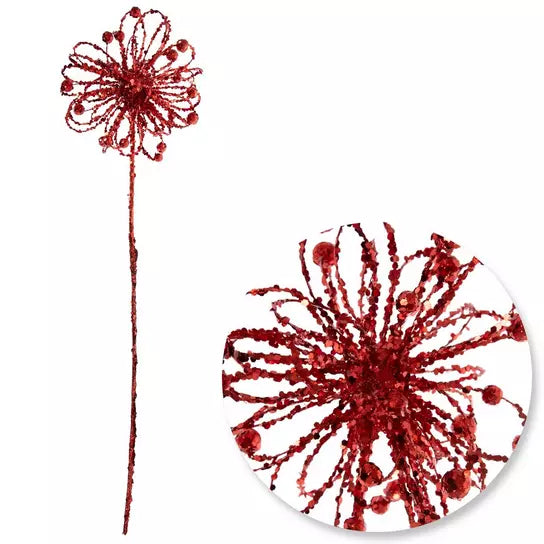 Red glitter ball Christmas stem, one stem