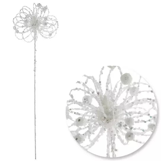 White glitter ball Christmas stem, one stem