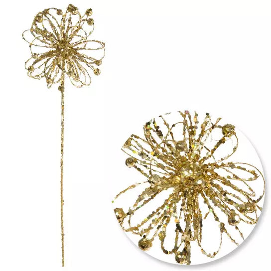 Gold glitter ball Christmas stem, one stem