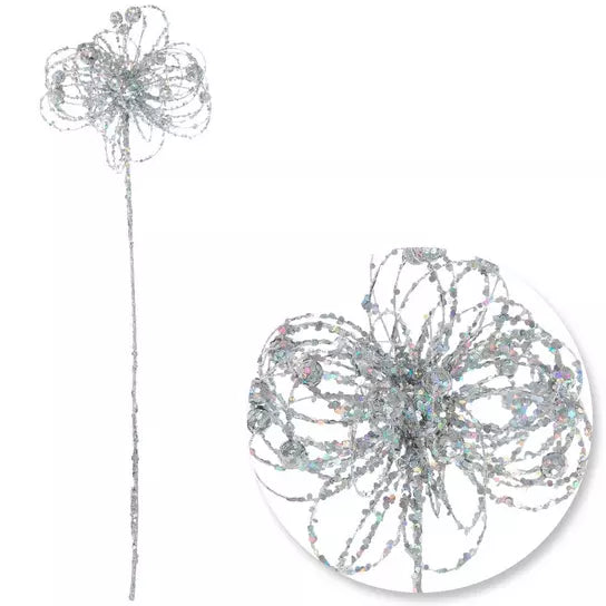Silver glitter ball Christmas stem, one stem