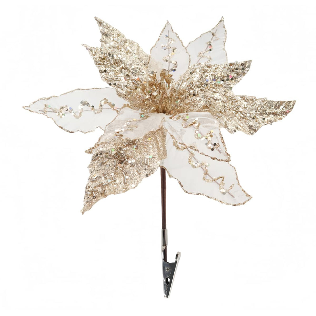 Gold flower tree clip with sheer ivory and champagne gold embellished petals on white background