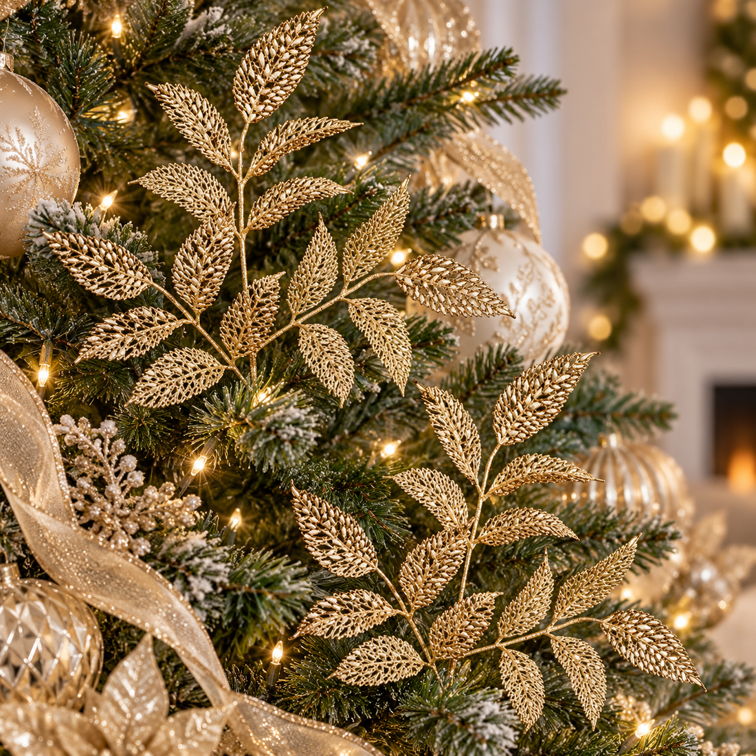 AI-generated Christmas-tree styling inspiration; gold mesh leaf sprays, accessories not included