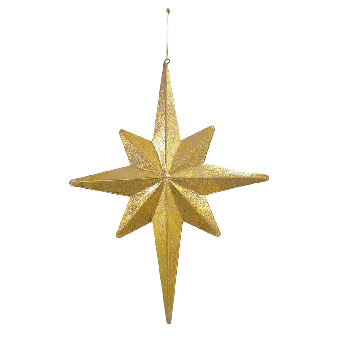 Single gold metal snowflake Christmas ornament, elongated eight-point star design