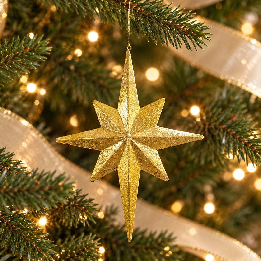 AI-generated Christmas-tree styling with one gold metal snowflake ornament; tree and accessories not included