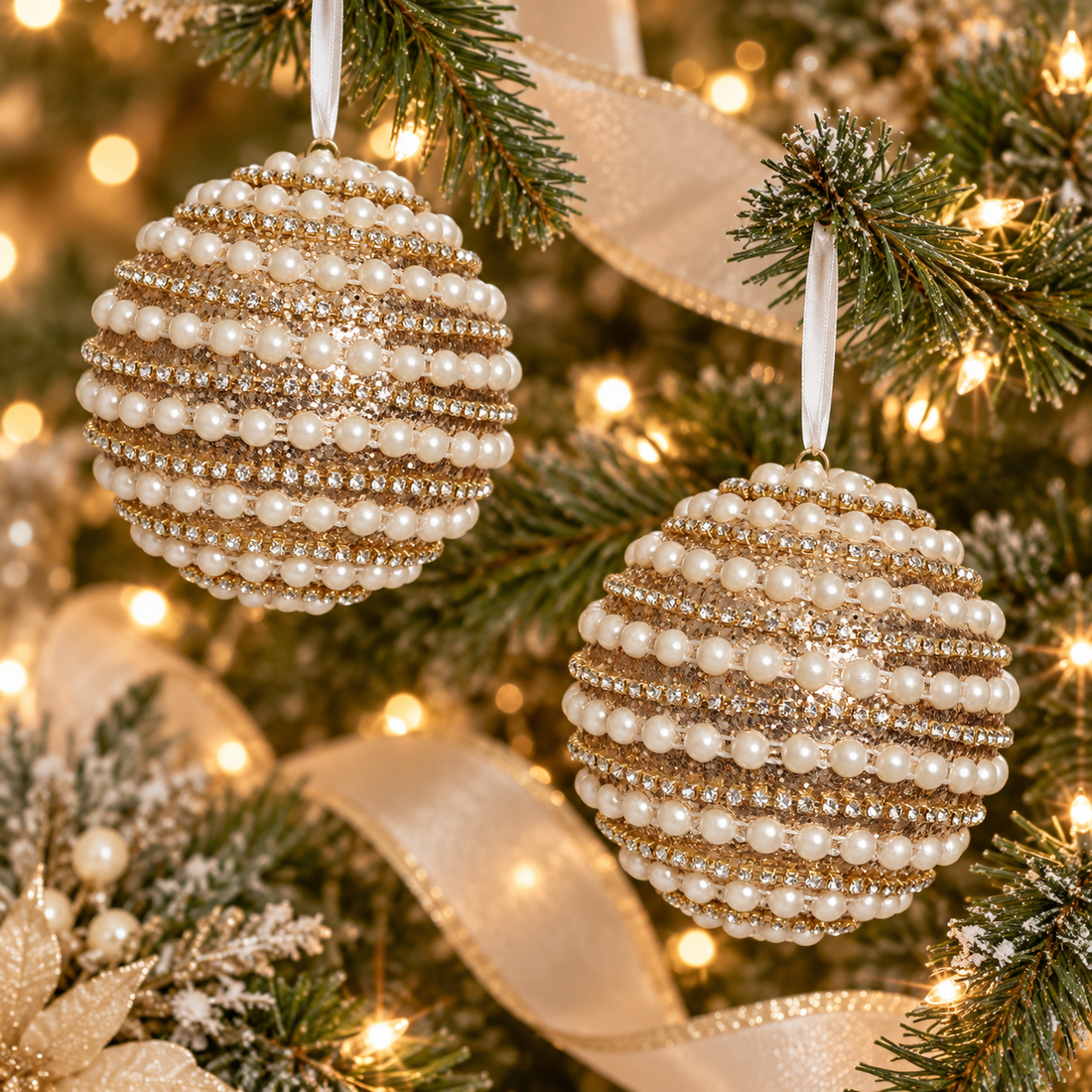 AI-generated styling inspiration: two gold pearl ball ornaments on an elegant Christmas tree; accessories not included