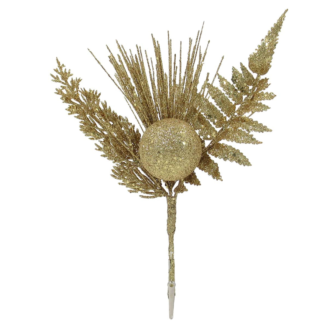 10-inch gold glitter Christmas pick with ball, pine needles and fern-like leaves