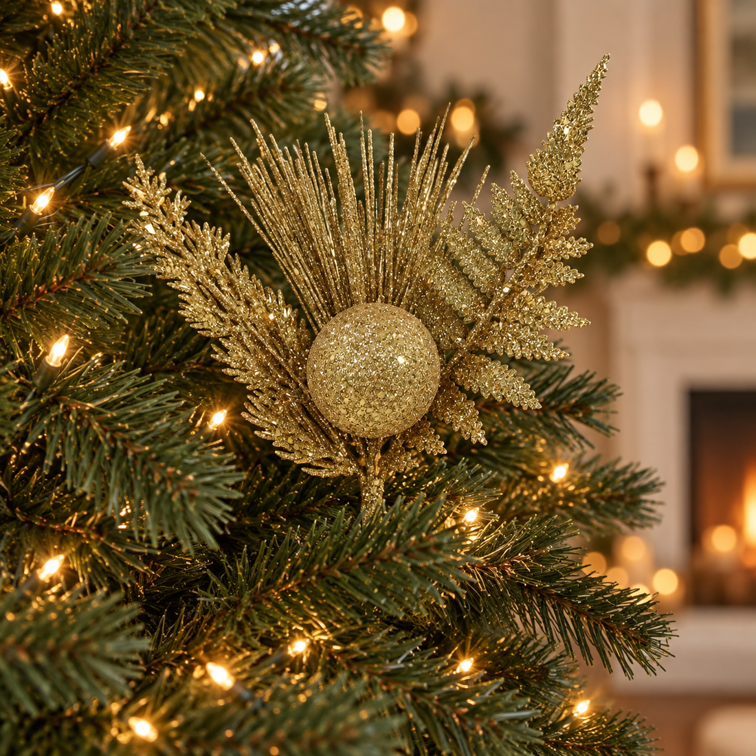 AI-generated styling inspiration: gold glitter decorative pick on Christmas tree; props not included