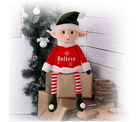 22" Fabric Retro "Believe" Sitting Christmas Elf – detail view