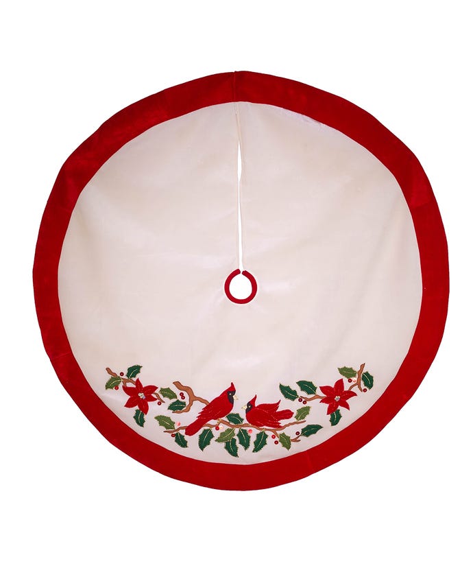 48-inch red and white velvet Christmas tree skirt with cardinal appliqué
