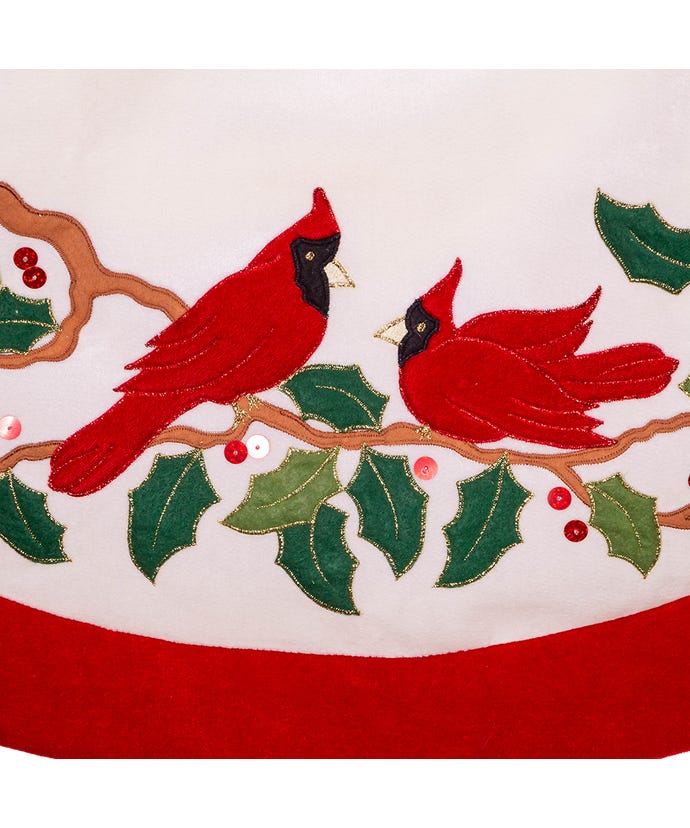 48" Red and White With Cardinals Applique Velvet Tree Skirt