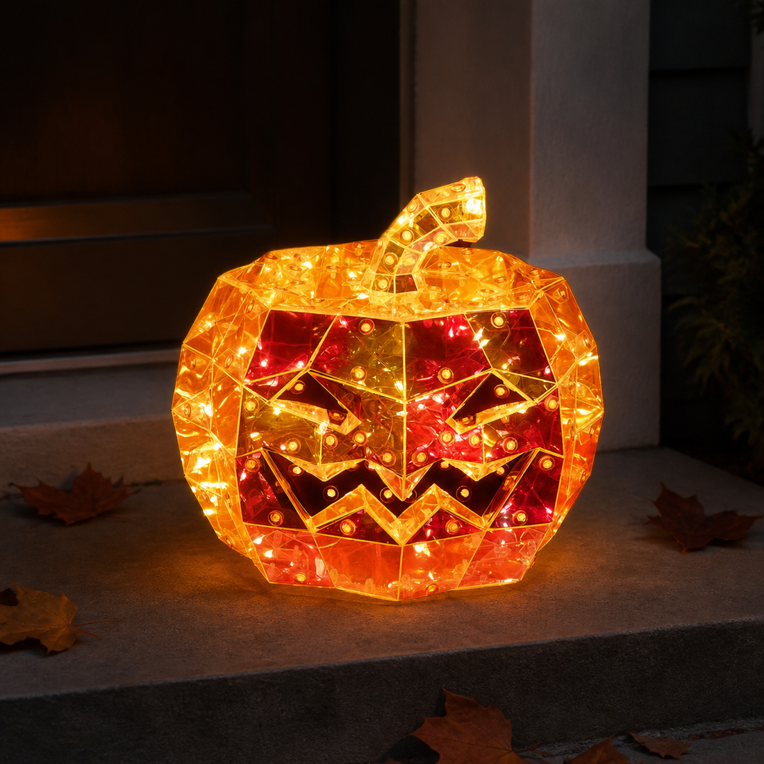 Orange LED holographic jack-o'-lantern glowing on a porch step at dusk
