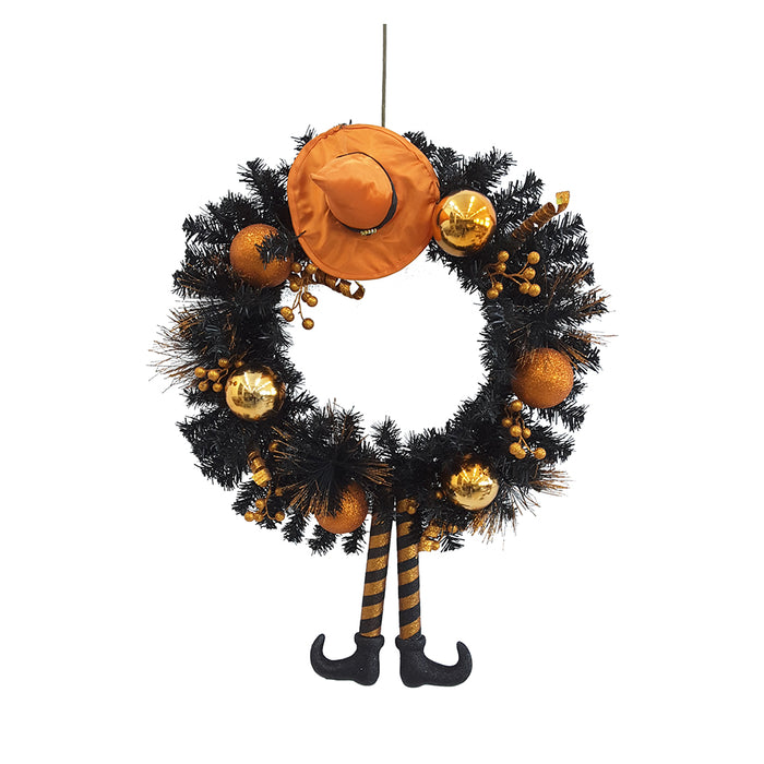 33-inch black Halloween wreath with witch hat and leg accents