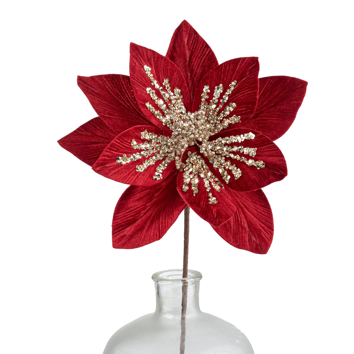 11" Red Velvet Poinsettia Pick with Champagne Gold Sequins – 22" Luxury Christmas Floral Stem