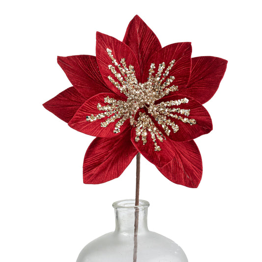 20" Red Velvet Poinsettia Pick with Champagne Gold Sequins –Luxury Christmas Floral Stem