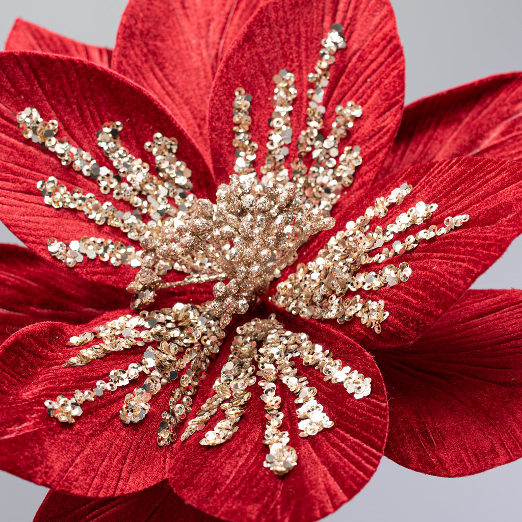 Red velvet Christmas poinsettia floral pick with gold sequins alternate view