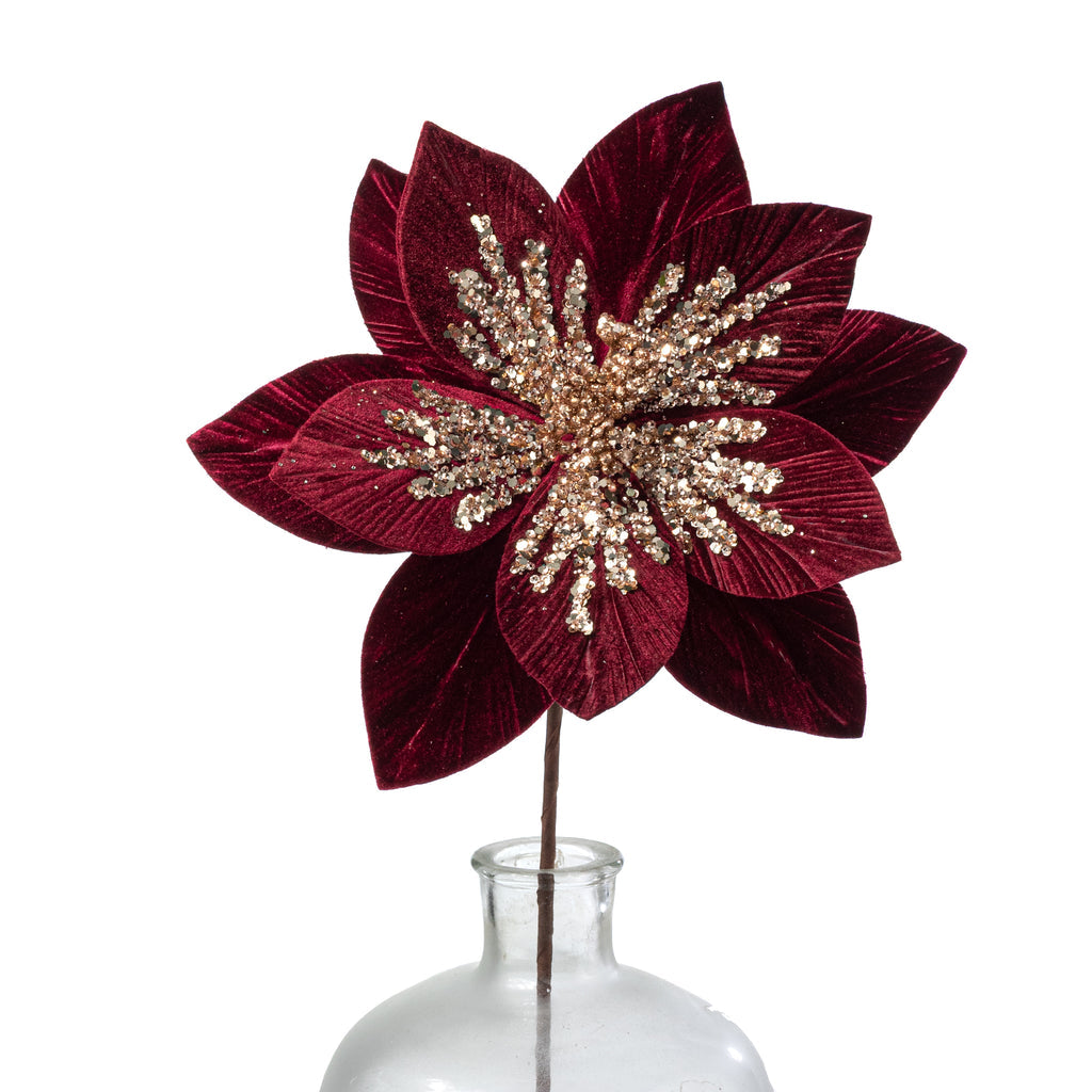 11" Burgundy Velvet Poinsettia Pick with Rose Sequins – Christmas Floral Stem