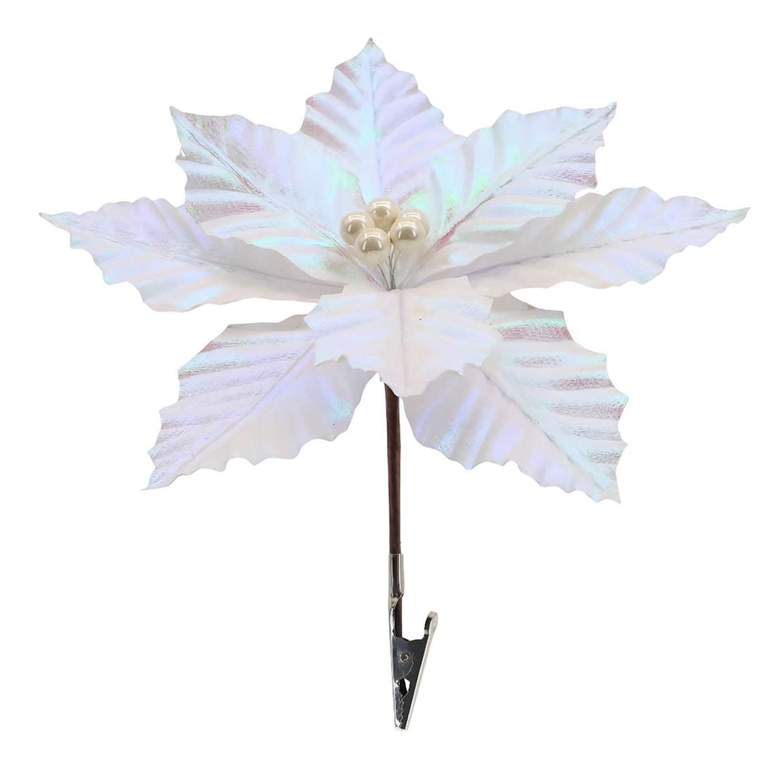 White 10-inch iridescent poinsettia flower Christmas clip