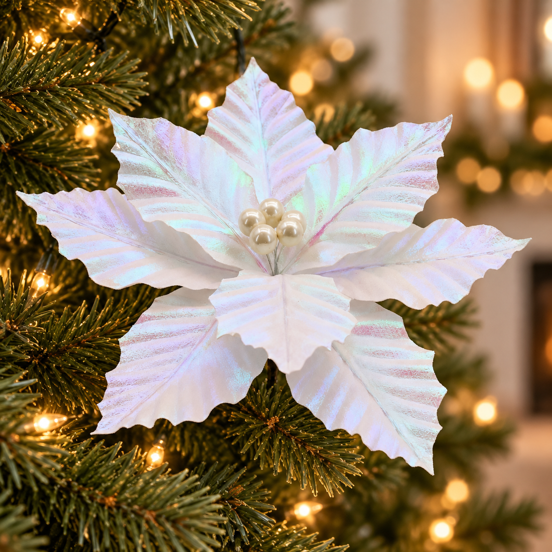 AI-generated styling inspiration: white iridescent poinsettia clip on Christmas tree; props not included