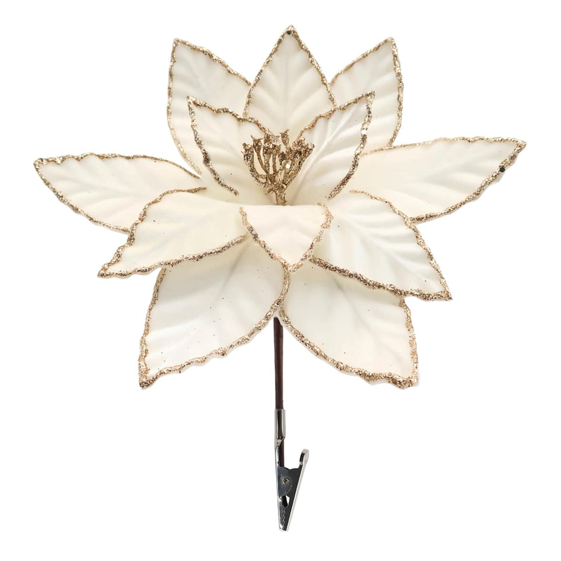 Ivory poinsettia flower clip with gold glitter edges on white background