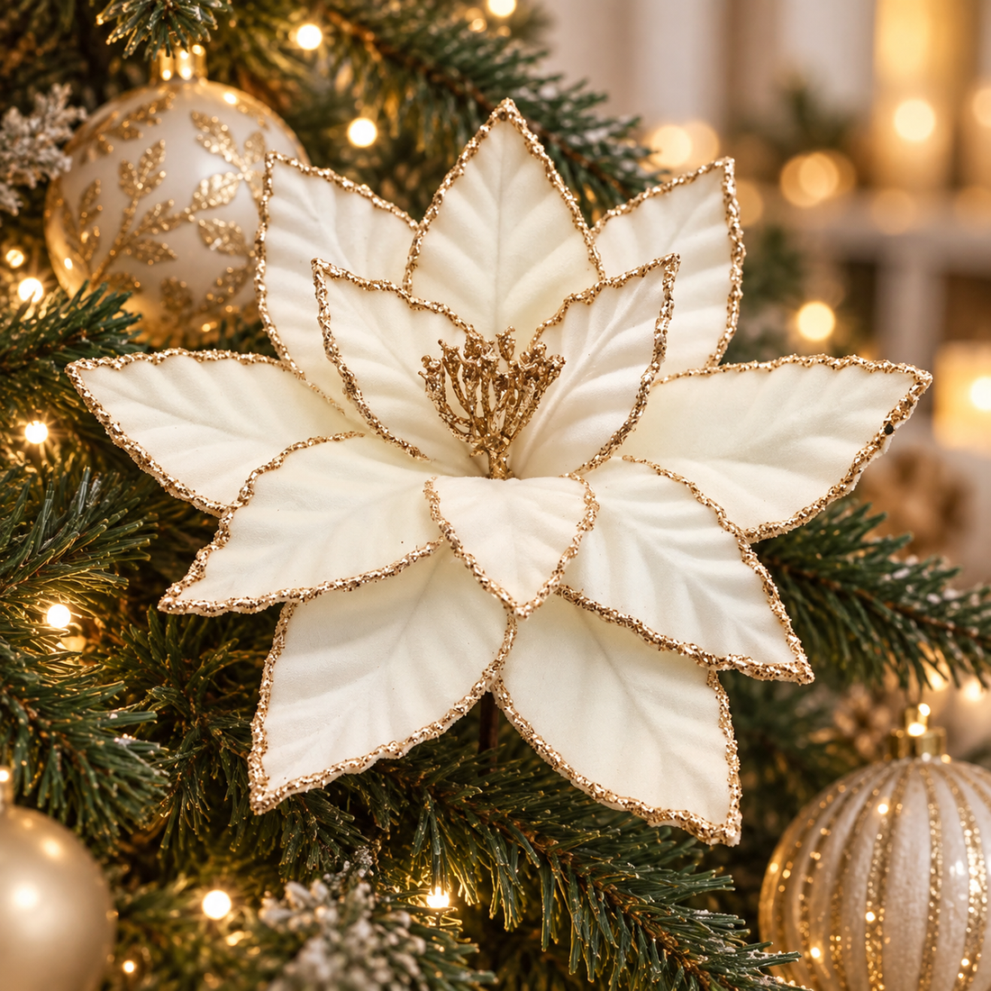 AI-generated styling inspiration: ivory poinsettia flower clip on a Christmas tree; other decor not included