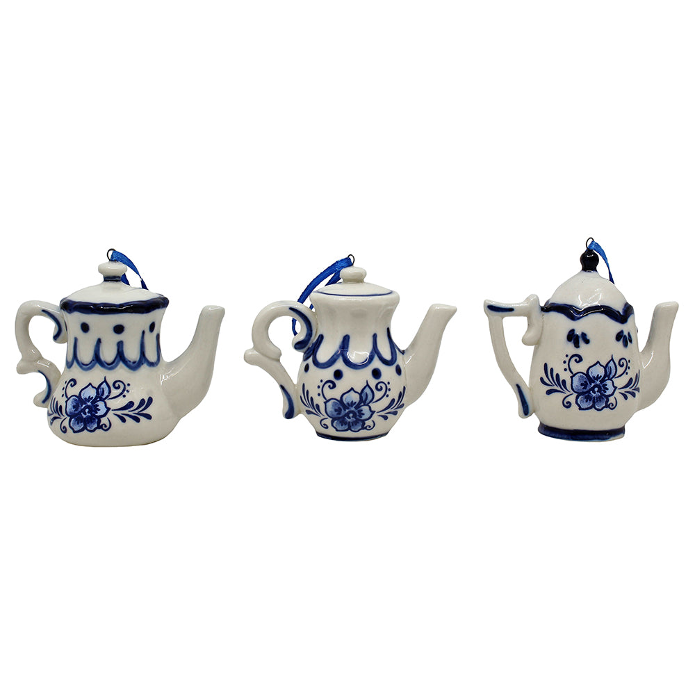 Delft blue porcelain teapot Christmas ornaments set of 3