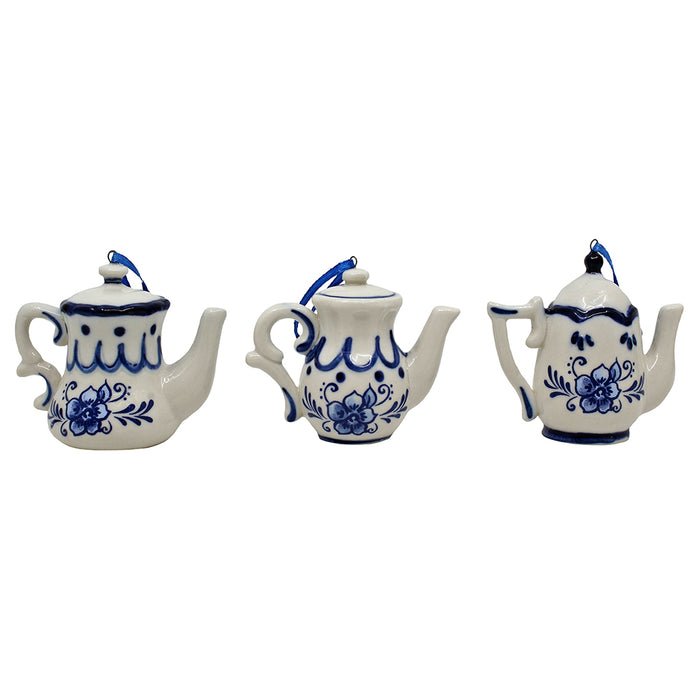 Delft blue porcelain teapot Christmas ornaments set of 3