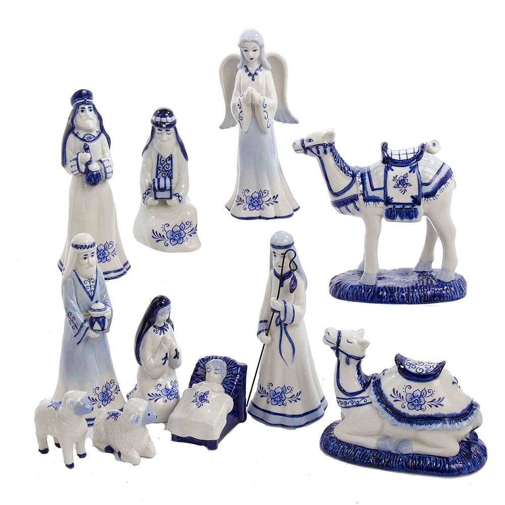 1.97" - 6.7" Porcelain Delft Nativity Set - 11 Pieces - Elegant Blue and White Christmas Decoration