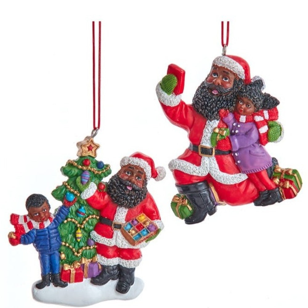 4" African American Santa with Children Ornaments – Set of 2 Assorted Christmas Decorations