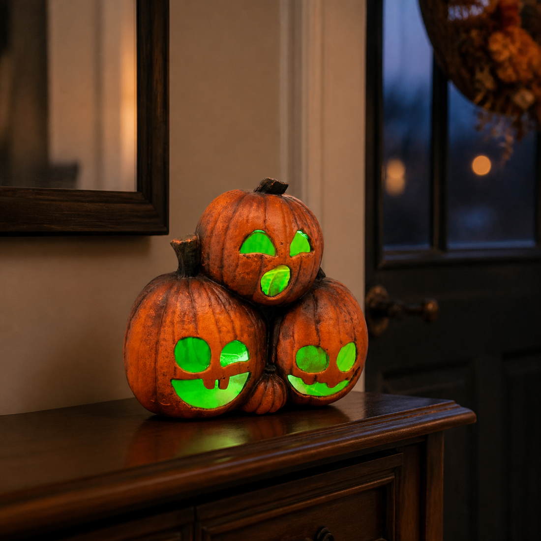 Three green-lit jack-o'-lanterns displayed on a dark wood console at dusk
