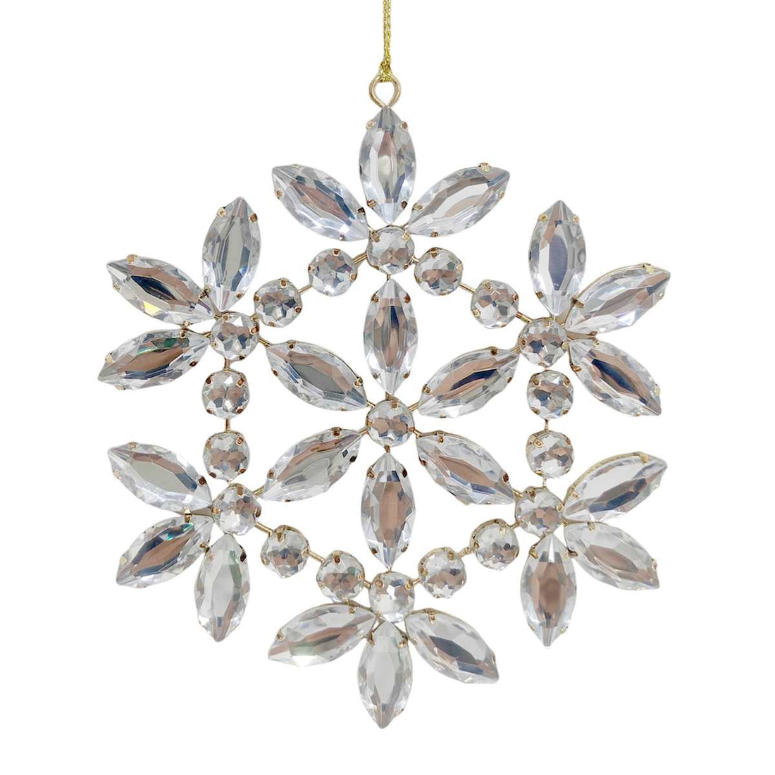 Single clear jeweled snowflake Christmas ornament with gold-tone frame, 5-inch size