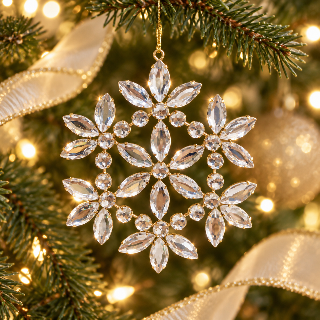 AI-generated styling inspiration: jeweled snowflake hanging on Christmas tree; accessories not included