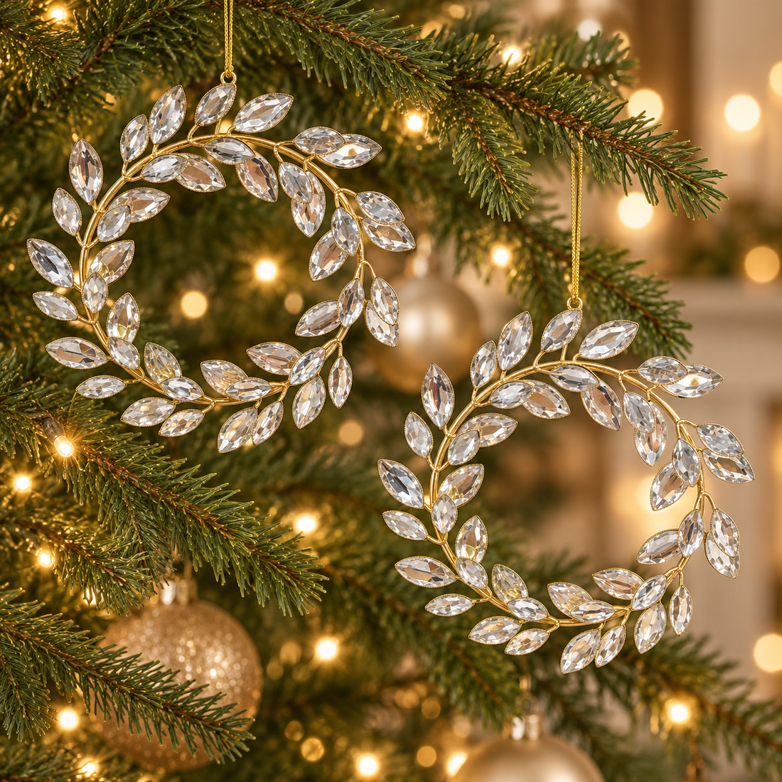AI-generated Christmas tree styling inspiration; two jeweled wreath ornaments, accessories not included
