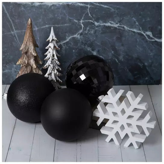 Set of 6 Large 150mm Black matte shiny and glitter Christmas ball ornaments