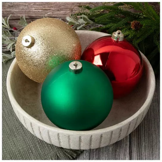 Set of 6 Large 150mm Red, Green & Gold matte shiny and glitter Christmas ball ornaments