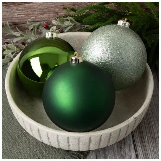 Set of 6 Large 150mm Pine & Sage matte shiny and glitter Christmas ball ornaments